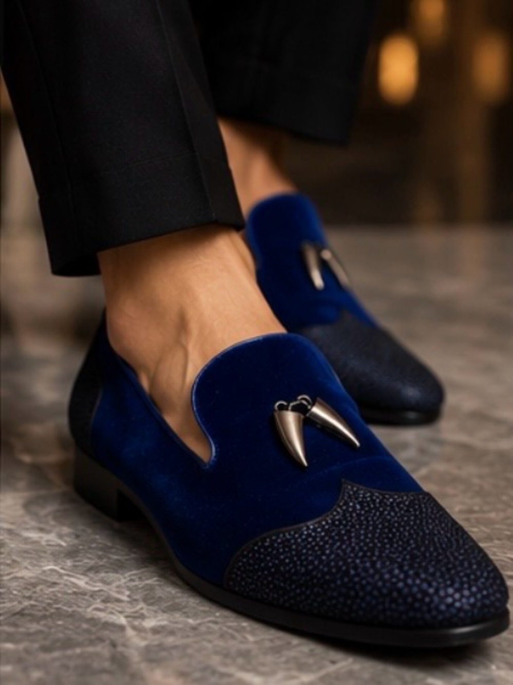UV Signature Royal Blue Velvet Smoking Slippers Loafers Men's Formal Dress Shoes